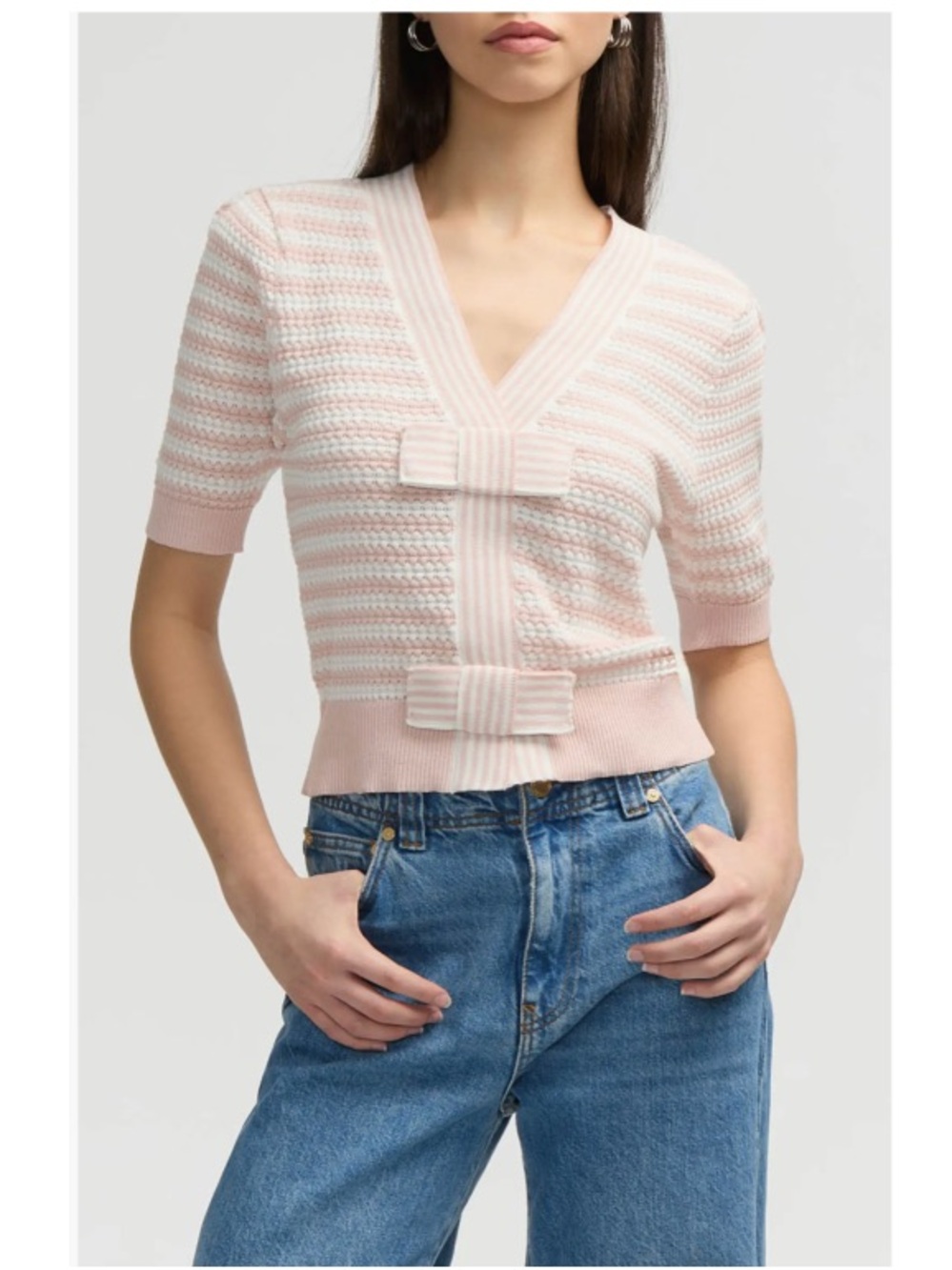 NVLT Striped Thermal Waffle Knit Bow Front V-Neck Shirt Preppy Pink XS